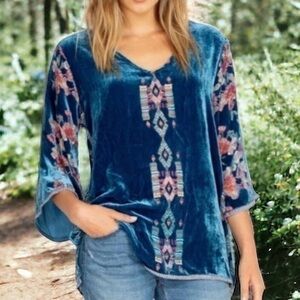 Johnny Was Teal Velvet Embroidered Boho Top with Pink Floral Accents